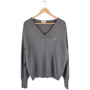 Vintage IZOD Lacoste Sweater Mens XL Gray Pullover Wool Blend Knit V-Neck
